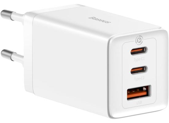 Baseus Travel Charger GaN5 Pro Fast Wall Charger, C+C+U, QC, AFC, PD 65W with Type-C to Type-C (100W) Cable 1m, White
